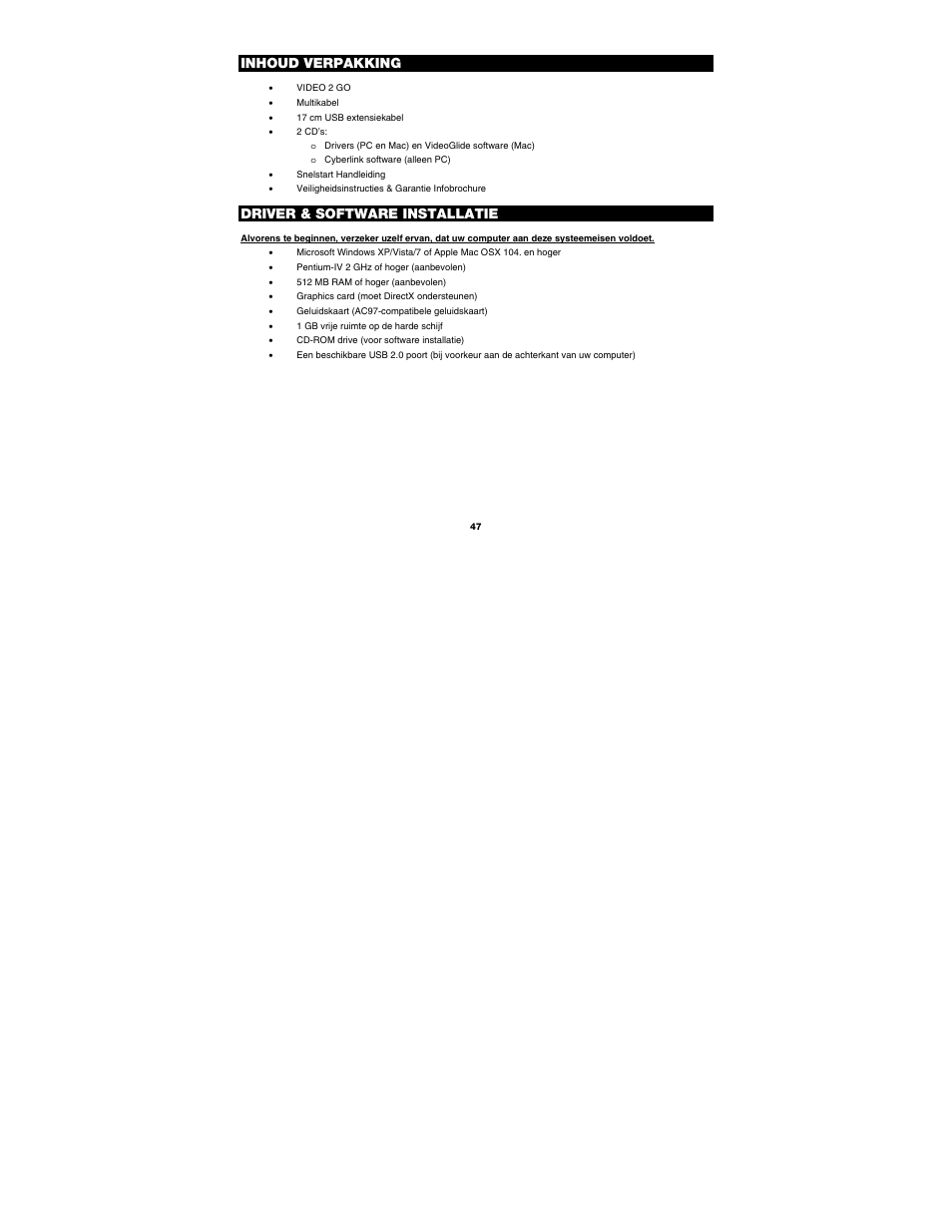 Inhoud verpakking, Driver & software installatie | ION Audio Video 2 Go User Manual | Page 47 / 56