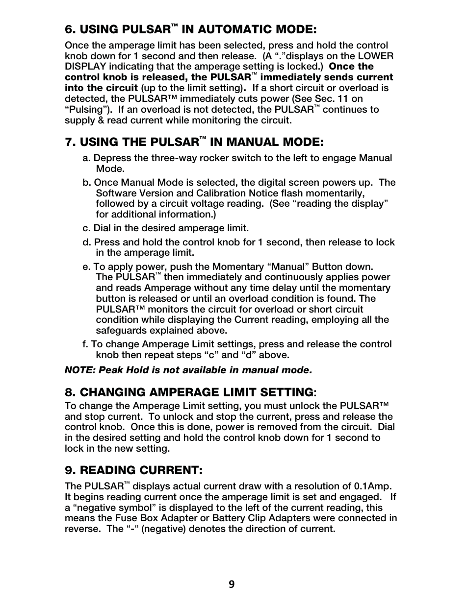 Using pulsar, Using the pulsar, Changing amperage limit setting | Reading current | IPA Tools 9000 Pulsar Standard Kit User Manual | Page 10 / 16