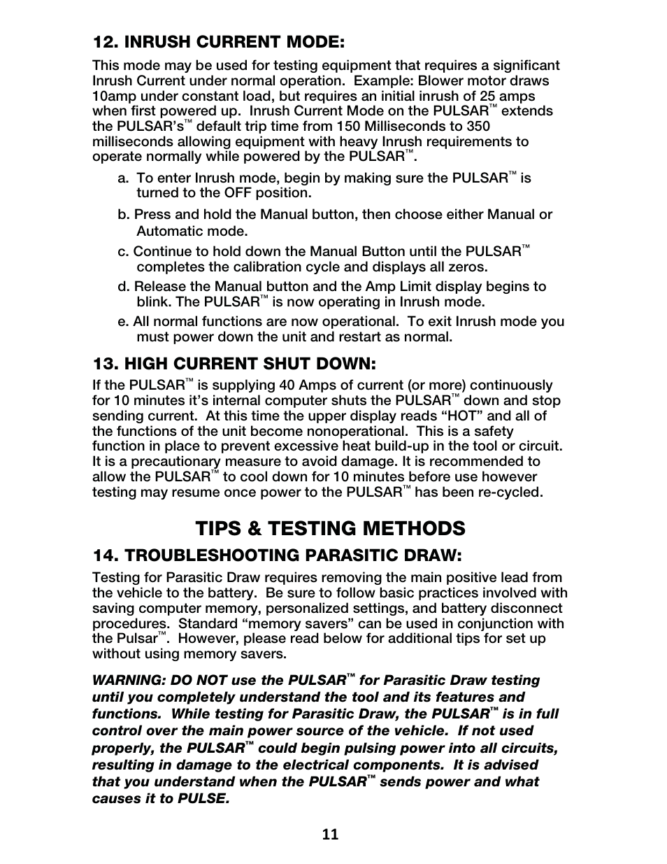 Tips & testing methods, Inrush current mode, High current shut down | Troubleshooting parasitic draw | IPA Tools 9000 Pulsar Standard Kit User Manual | Page 12 / 16