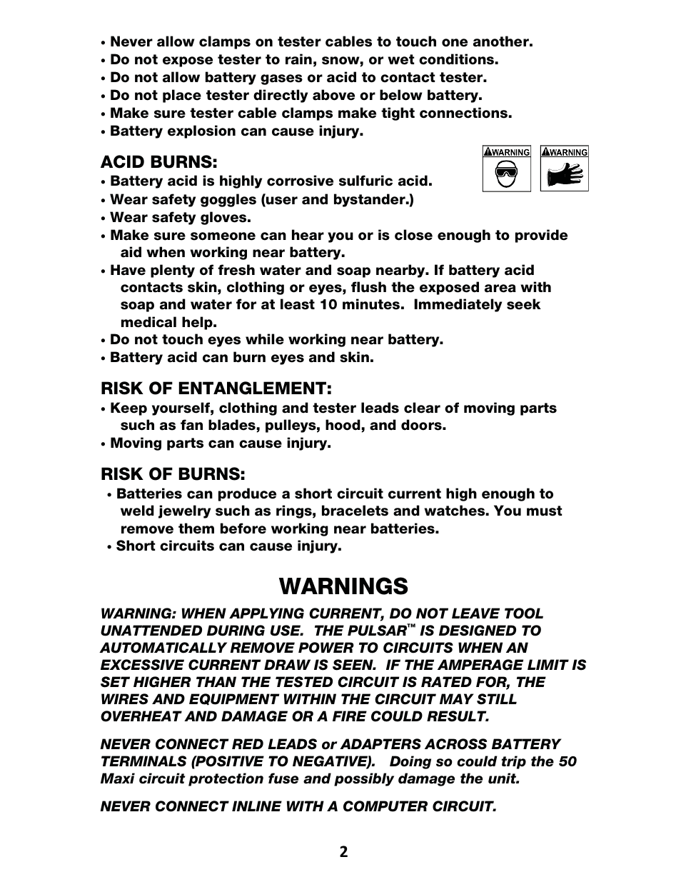 Warnings, Acid burns, Risk of entanglement | Risk of burns | IPA Tools 9000 Pulsar Standard Kit User Manual | Page 3 / 16