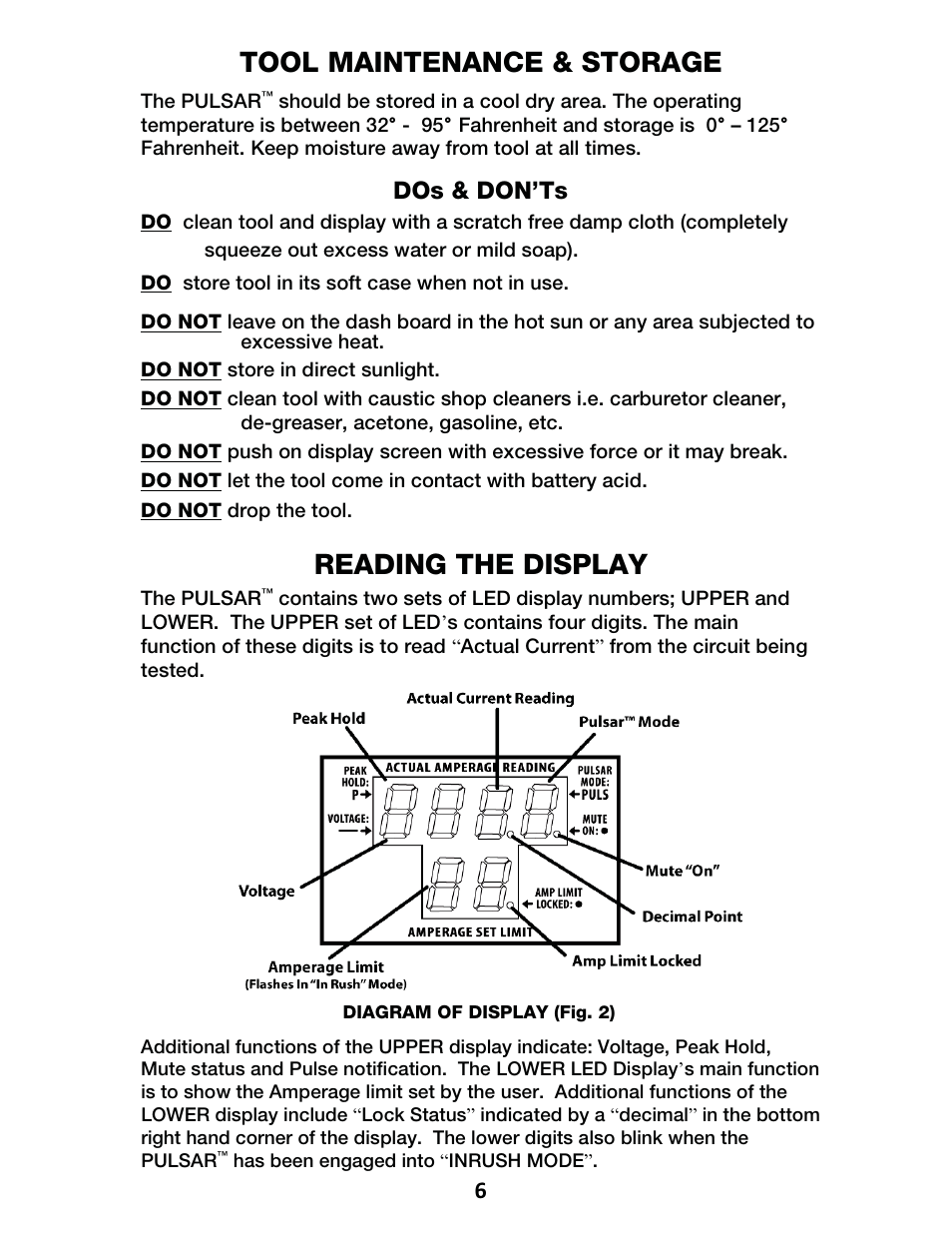 Tool maintenance & storage, Reading the display, Dos & don’ts | IPA Tools 9000 Pulsar Standard Kit User Manual | Page 7 / 16