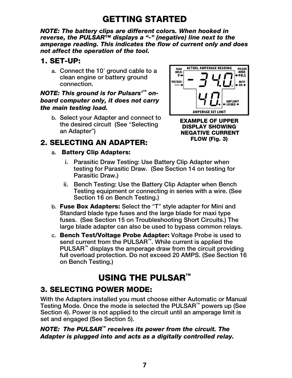 Getting started, Using the pulsar, Set-up | Selecting an adapter, Selecting power mode | IPA Tools 9000 Pulsar Standard Kit User Manual | Page 8 / 16