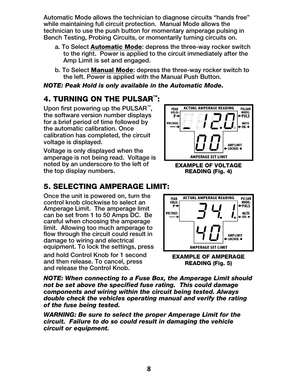 Turning on the pulsar, Selecting amperage limit | IPA Tools 9000 Pulsar Standard Kit User Manual | Page 9 / 16