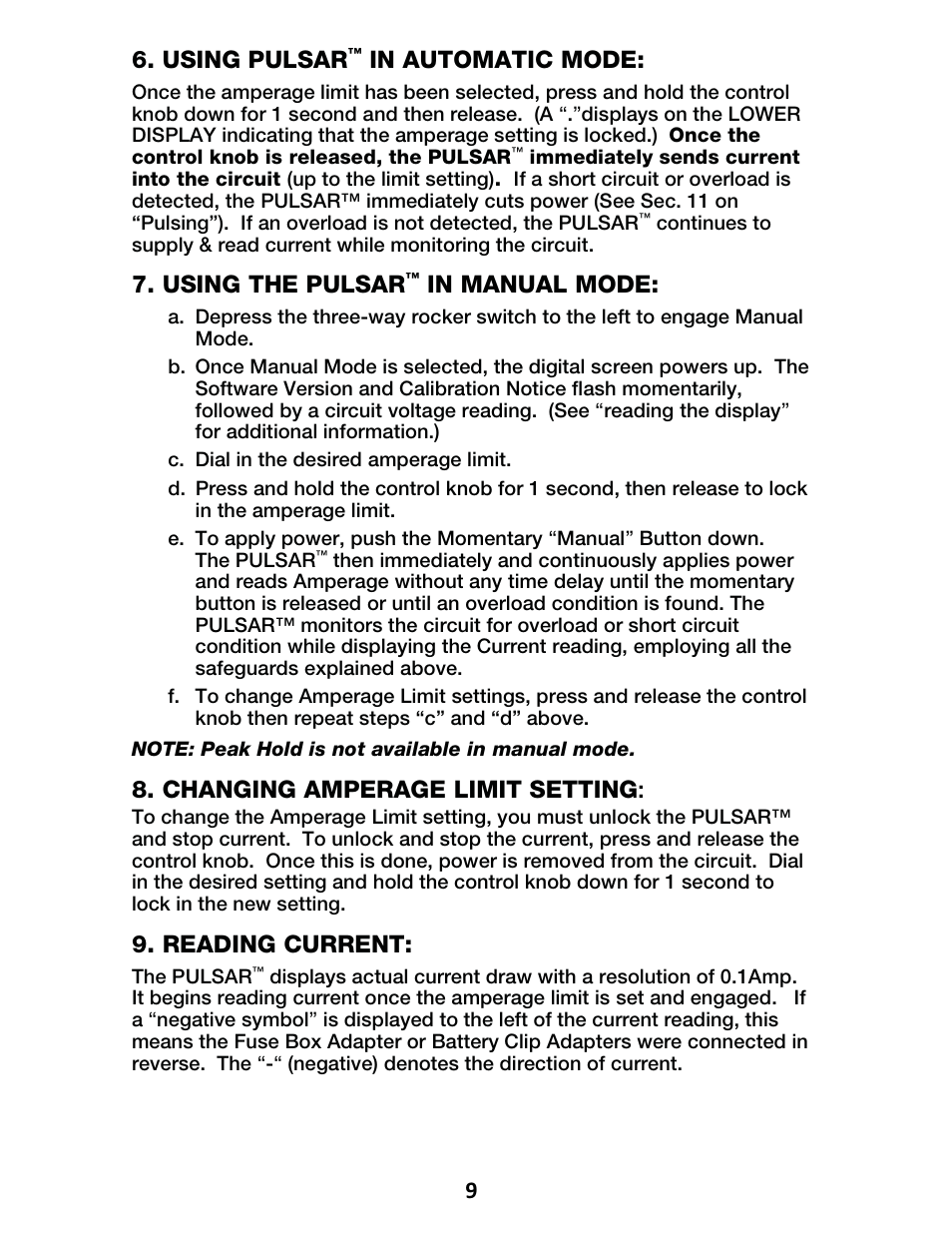 Using pulsar, Using the pulsar, Changing amperage limit setting | Reading current, C. dial in the desired amperage limit, The pulsar | IPA Tools 9001 Pulsar Master Kit User Manual | Page 10 / 16