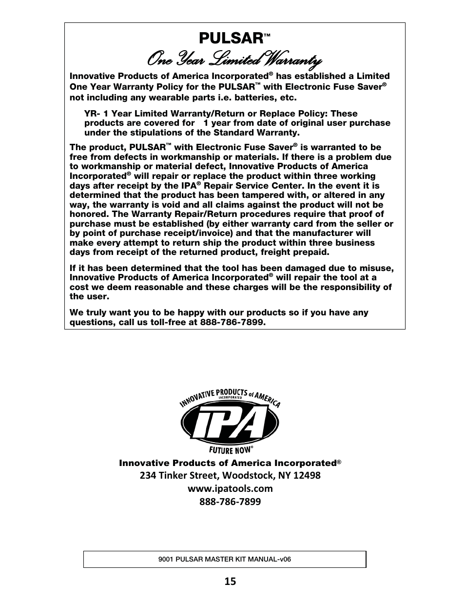Oone year limited warranty, Pulsar | IPA Tools 9001 Pulsar Master Kit User Manual | Page 16 / 16