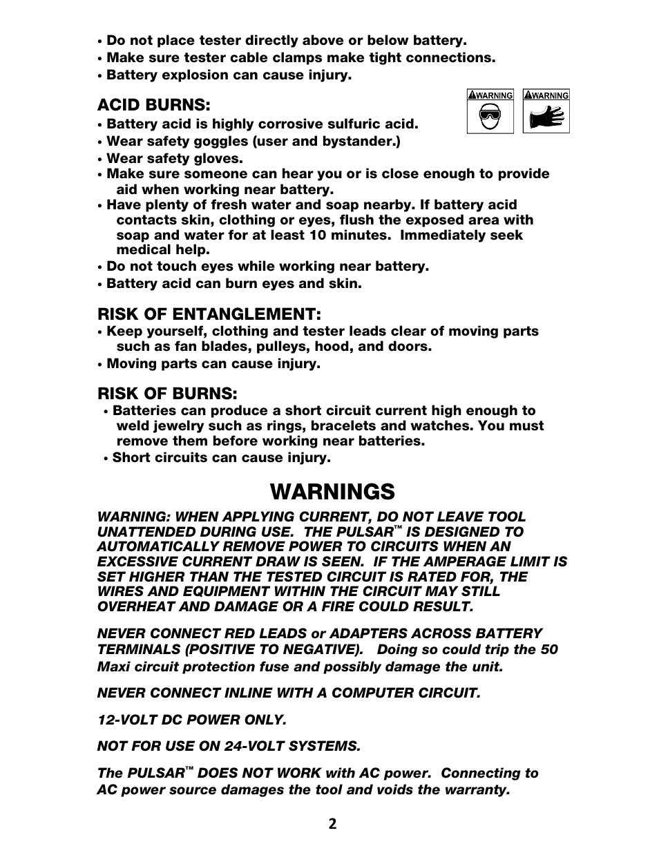 Warnings, Acid burns, Risk of entanglement | Risk of burns | IPA Tools 9001 Pulsar Master Kit User Manual | Page 3 / 16