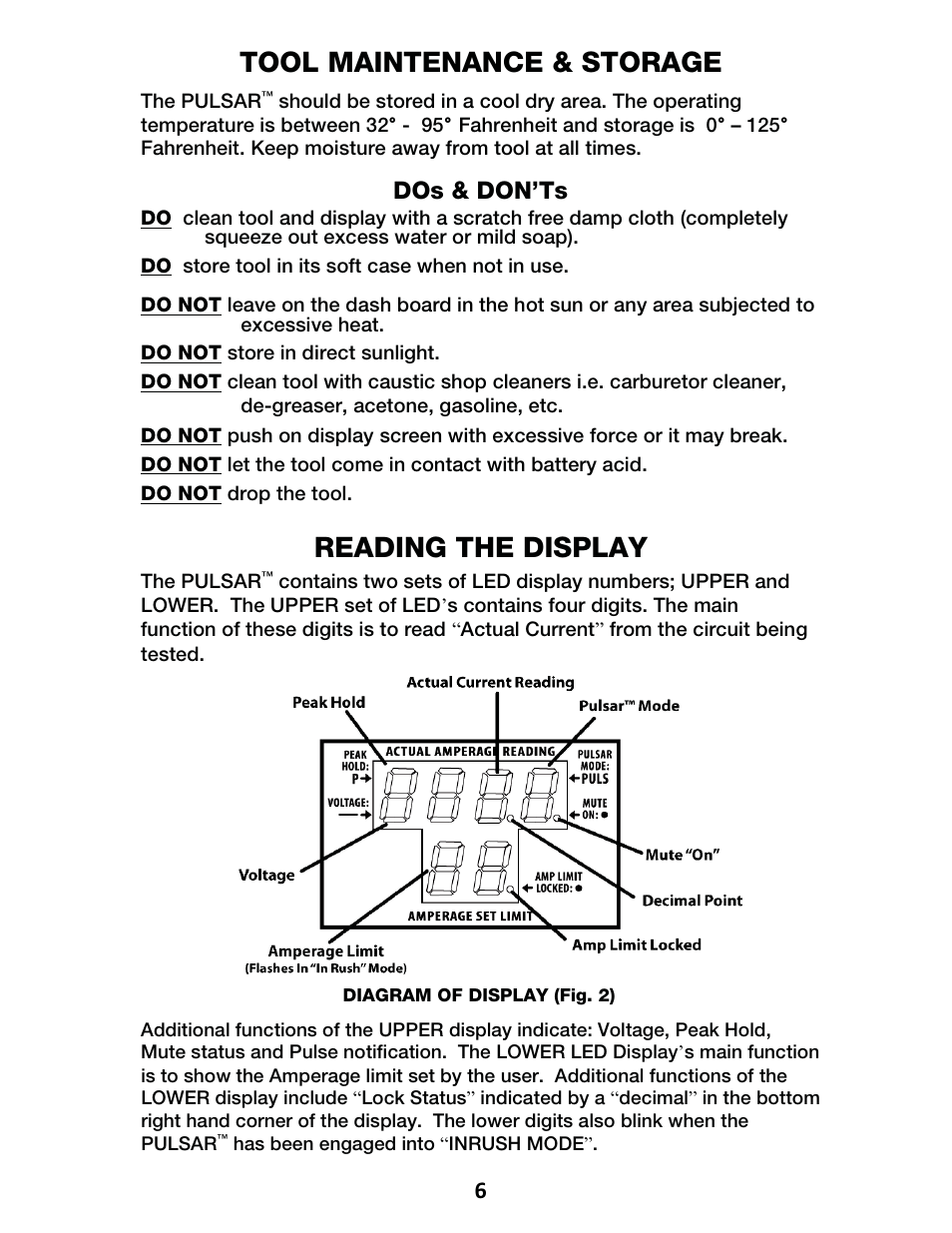 Tool maintenance & storage, Reading the display, Dos & don’ts | IPA Tools 9001 Pulsar Master Kit User Manual | Page 7 / 16