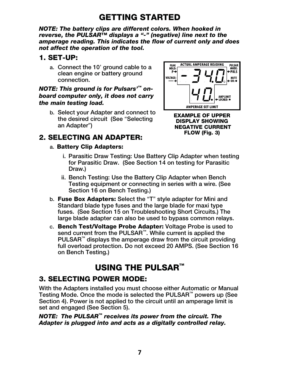 Getting started, Using the pulsar, Set-up | Selecting an adapter, Selecting power mode | IPA Tools 9001 Pulsar Master Kit User Manual | Page 8 / 16