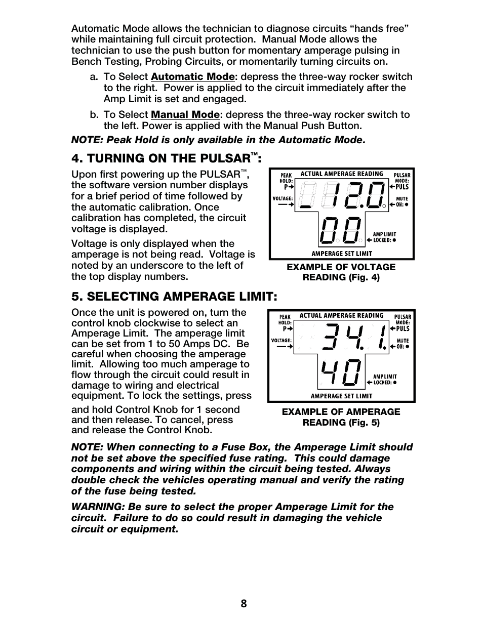 Turning on the pulsar, Selecting amperage limit | IPA Tools 9001 Pulsar Master Kit User Manual | Page 9 / 16