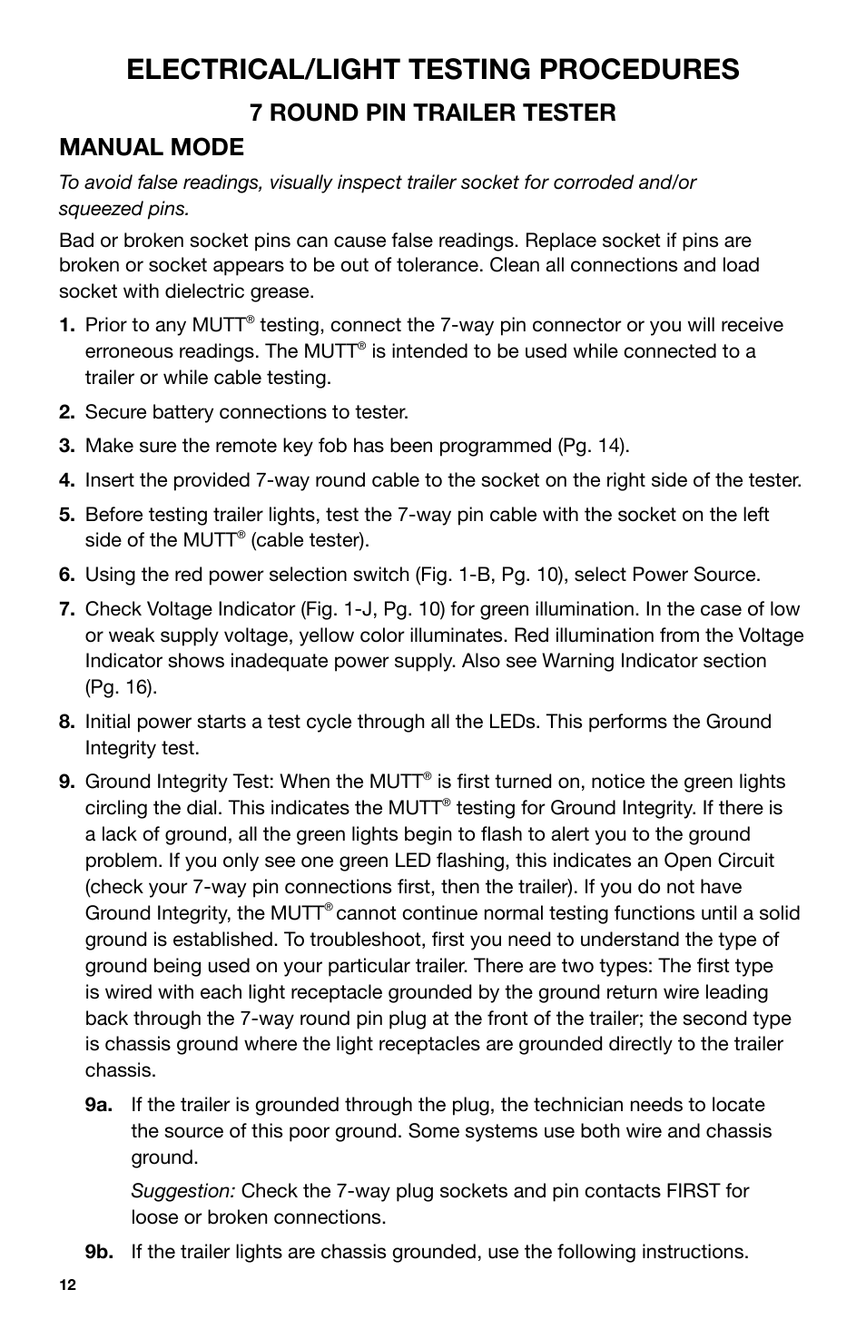 Electrical/light testing procedures, 7 round pin trailer tester manual mode | IPA Tools 9005A Super MUTT Head User Manual | Page 12 / 32