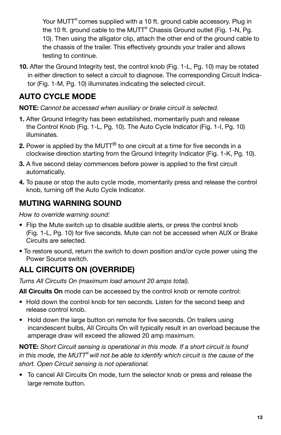 Auto cycle mode, Muting warning sound, All circuits on (override) | IPA Tools 9005A Super MUTT Head User Manual | Page 13 / 32