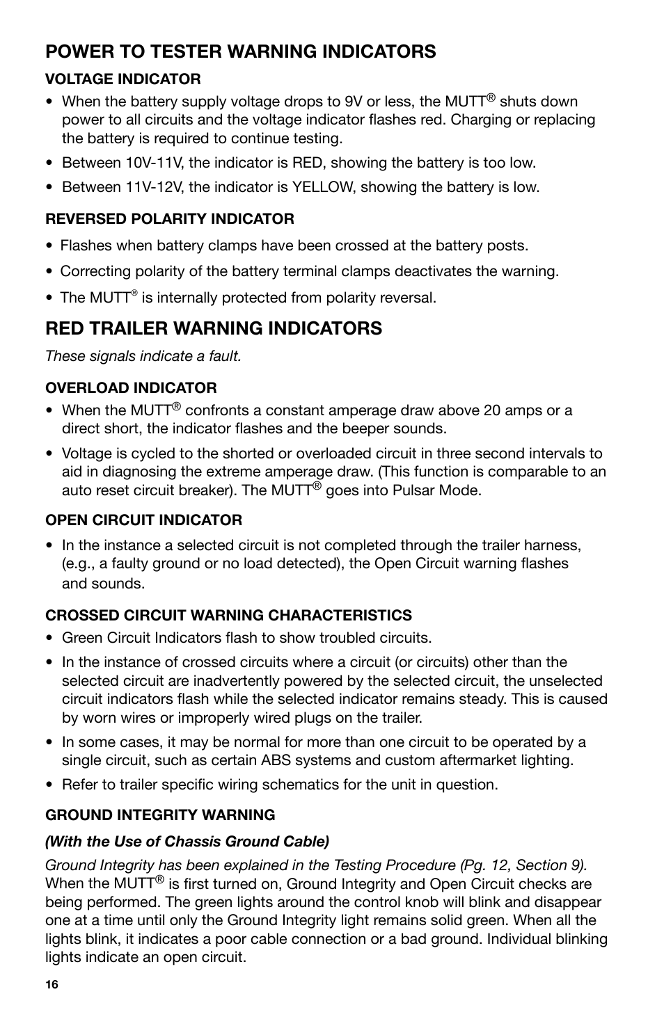Power to tester warning indicators, Red trailer warning indicators | IPA Tools 9005A Super MUTT Head User Manual | Page 16 / 32