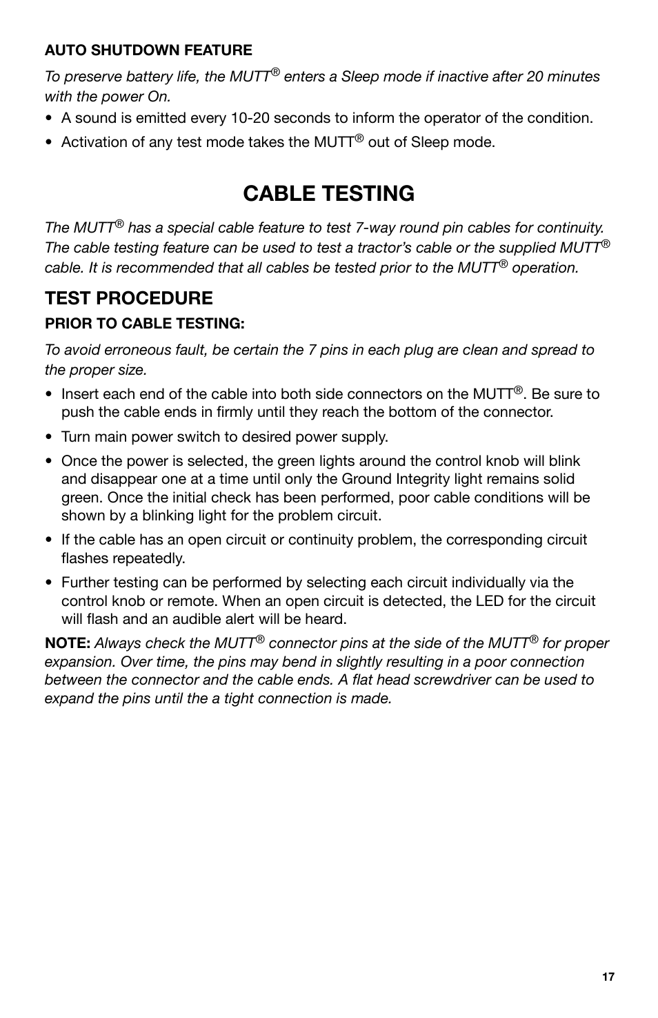 Cable testing, Test procedure | IPA Tools 9005A Super MUTT Head User Manual | Page 17 / 32