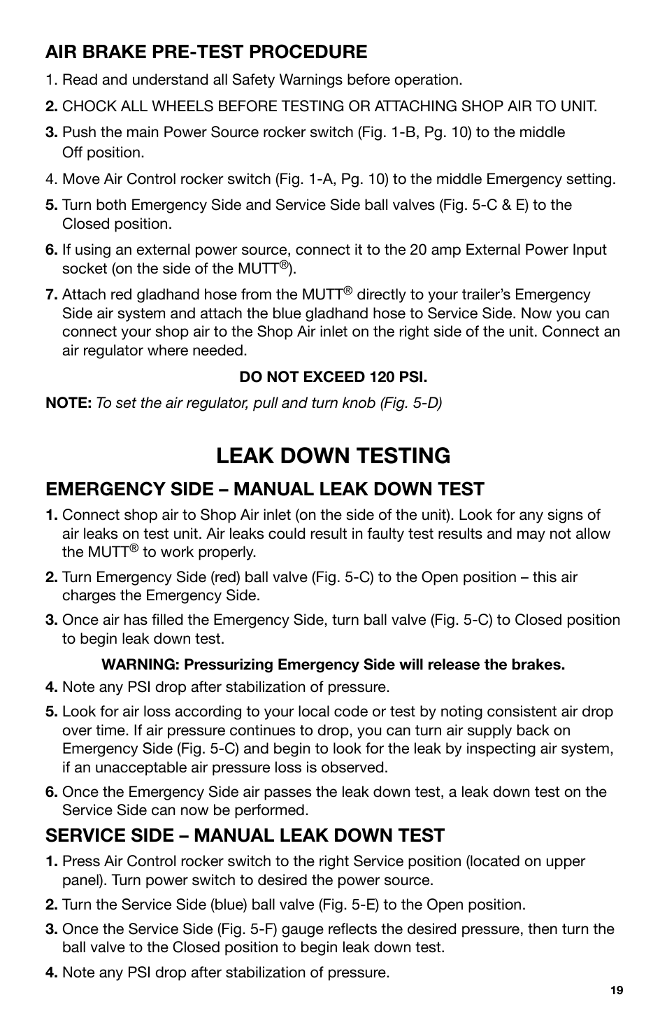 Leak down testing, Emergency side – manual leak down test, Service side – manual leak down test | Air brake pre-test procedure | IPA Tools 9005A Super MUTT Head User Manual | Page 19 / 32