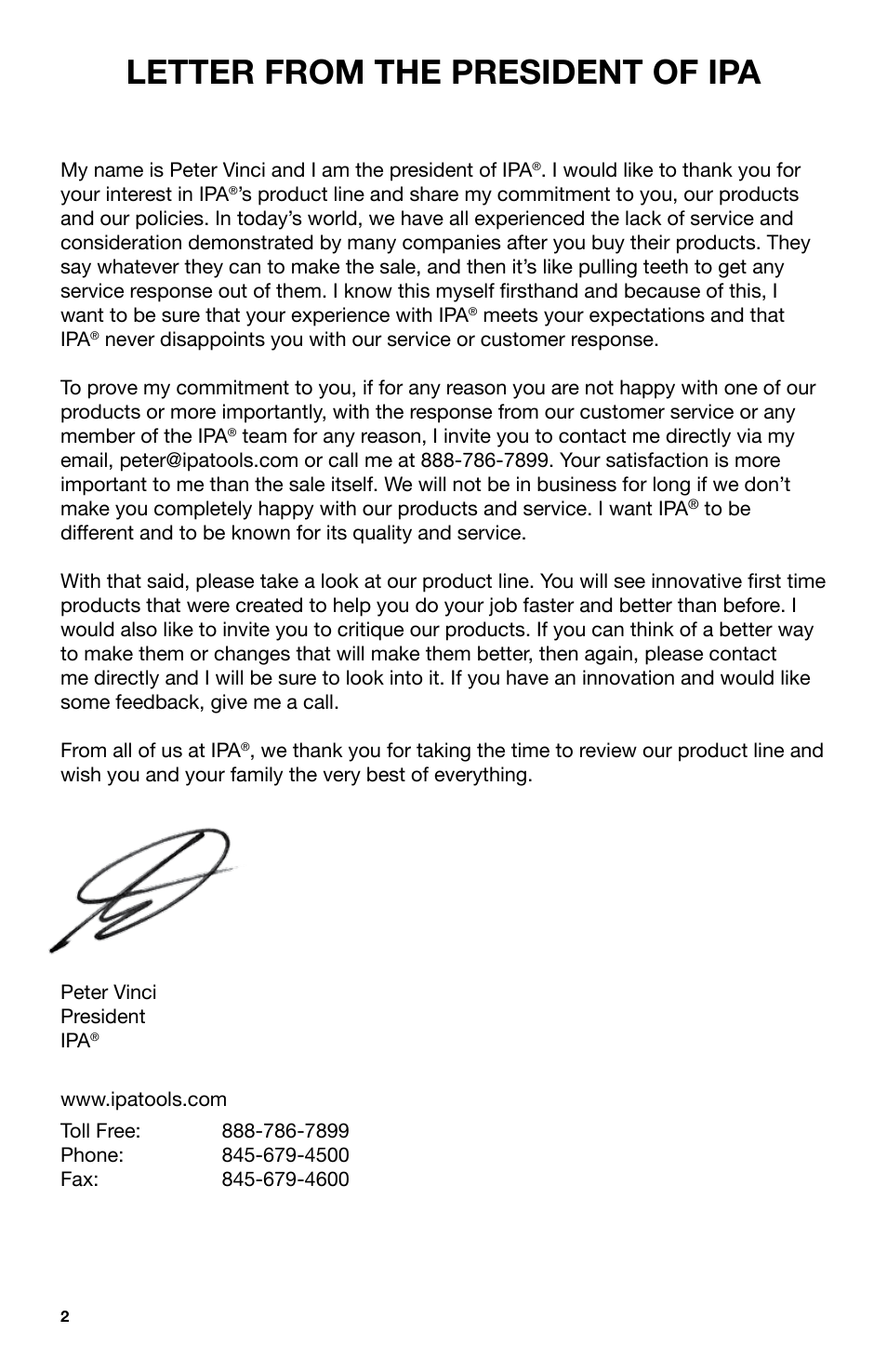 Letter from the president of ipa | IPA Tools 9005A Super MUTT Head User Manual | Page 2 / 32