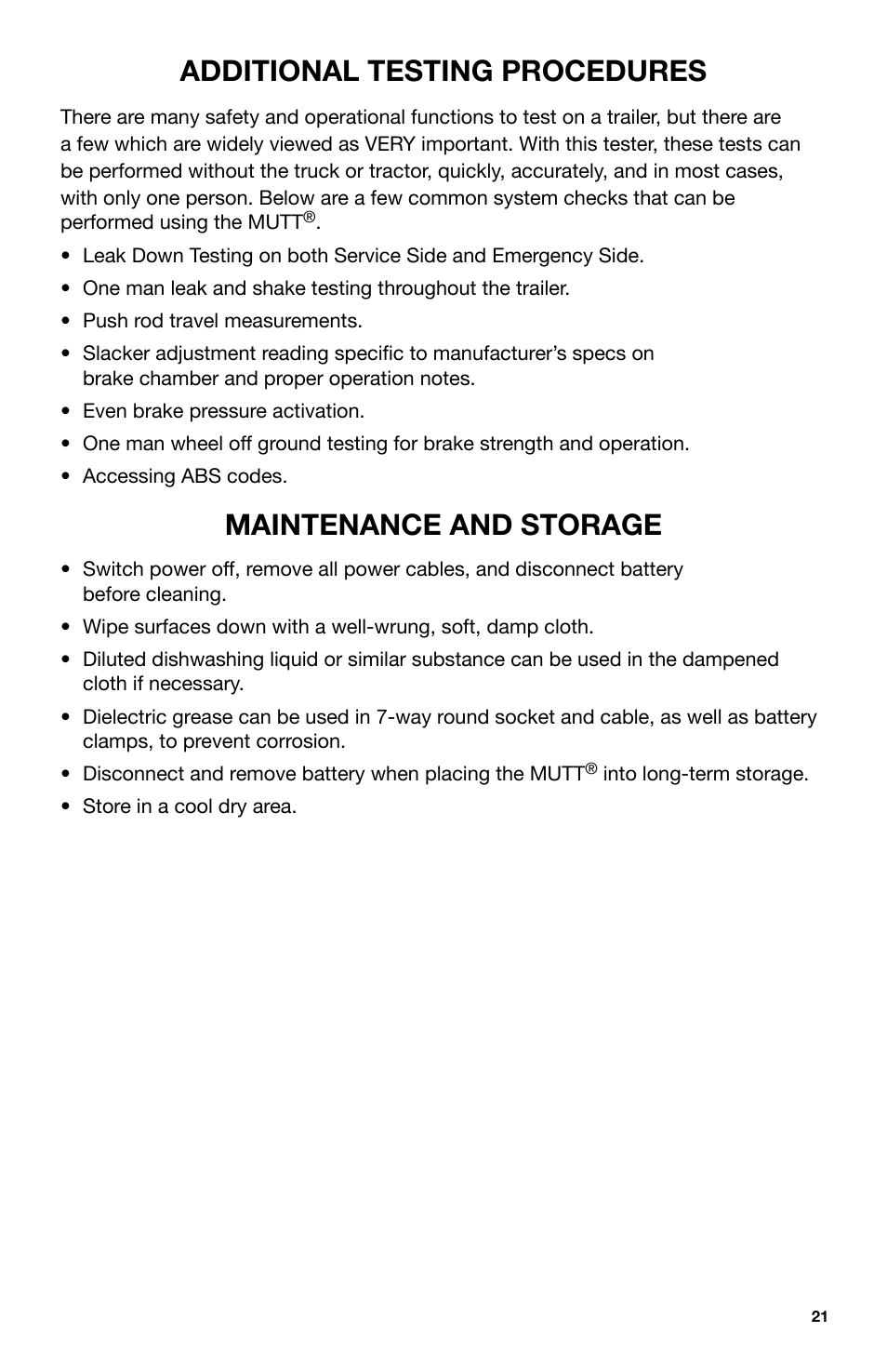 Additional testing procedures, Maintenance and storage | IPA Tools 9005A Super MUTT Head User Manual | Page 21 / 32