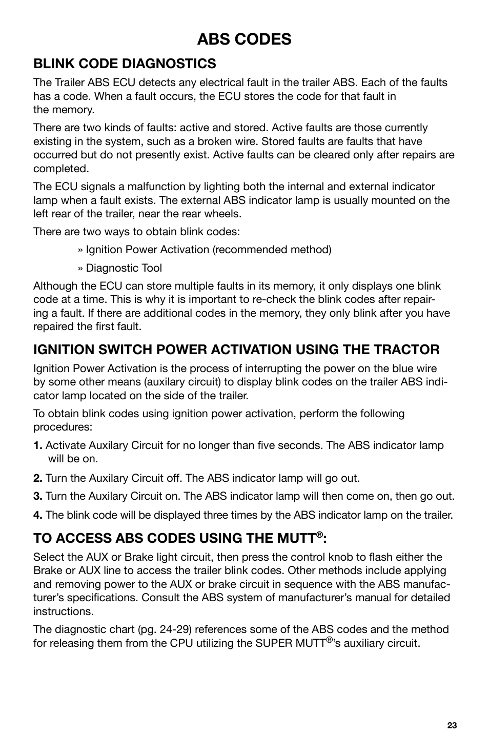 Abs codes, Blink code diagnostics, Ignition switch power activation using the tractor | IPA Tools 9005A Super MUTT Head User Manual | Page 23 / 32