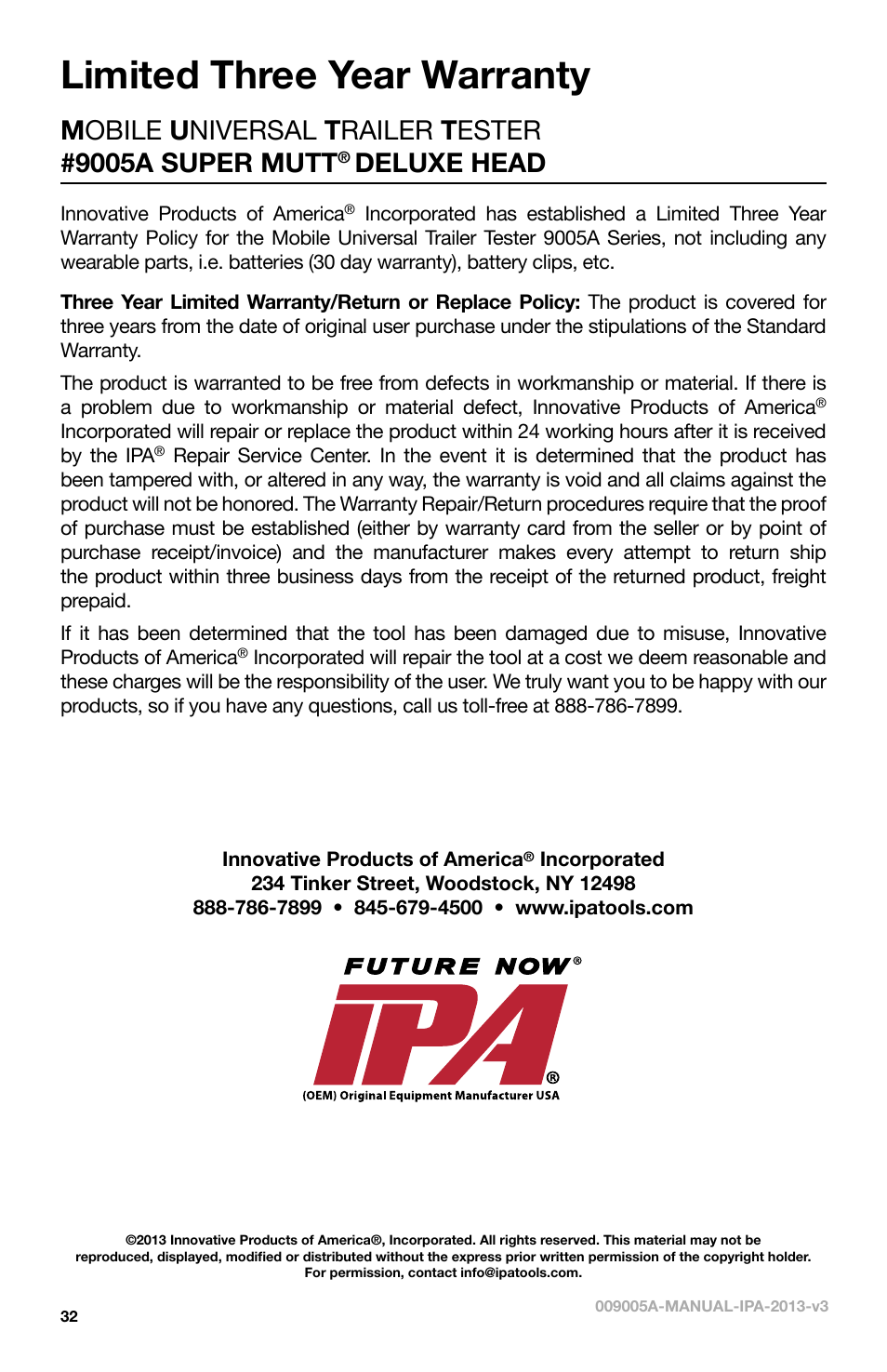 Limited three year warranty, Deluxe head | IPA Tools 9005A Super MUTT Head User Manual | Page 32 / 32
