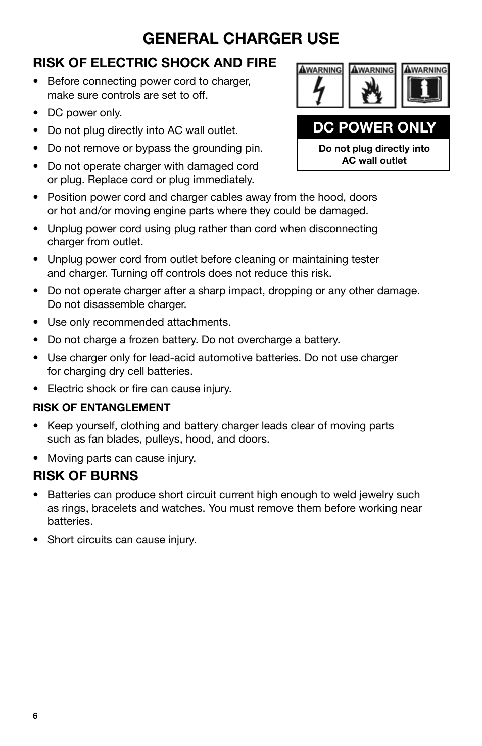 General charger use, Dc power only, Risk of electric shock and fire | Risk of burns | IPA Tools 9005A Super MUTT Head User Manual | Page 6 / 32