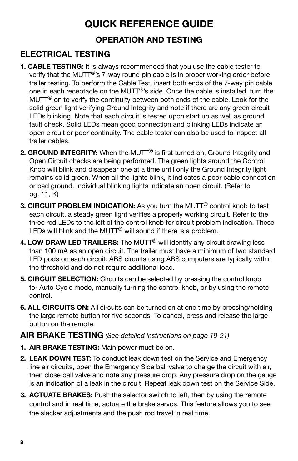 Quick reference guide, Operation and testing electrical testing, Air brake testing | IPA Tools 9005A Super MUTT Head User Manual | Page 8 / 32