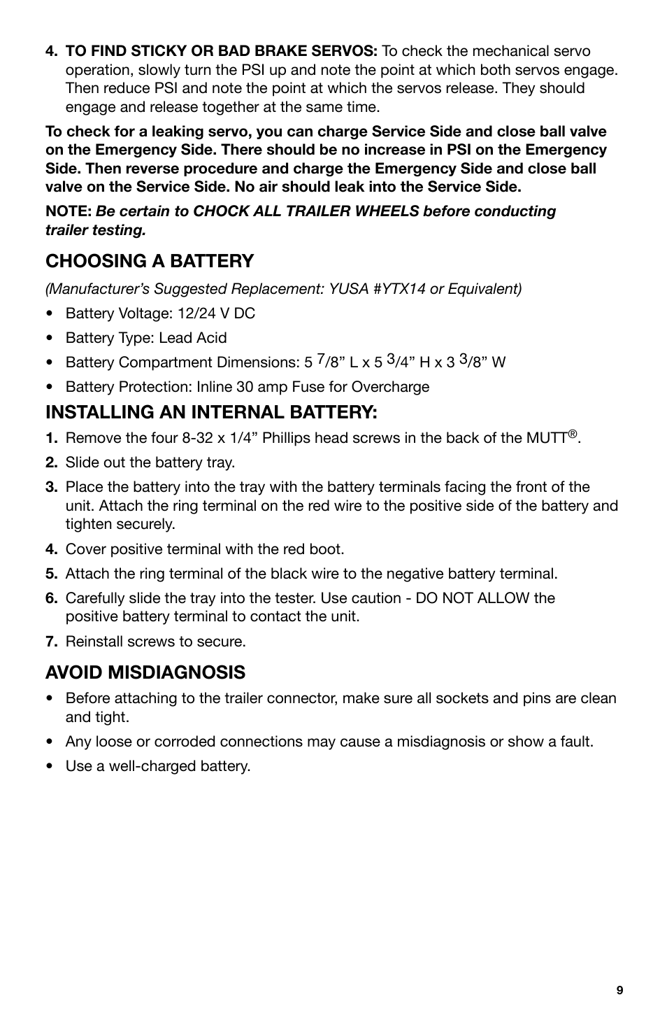 Choosing a battery, Installing an internal battery, Avoid misdiagnosis | IPA Tools 9005A Super MUTT Head User Manual | Page 9 / 32