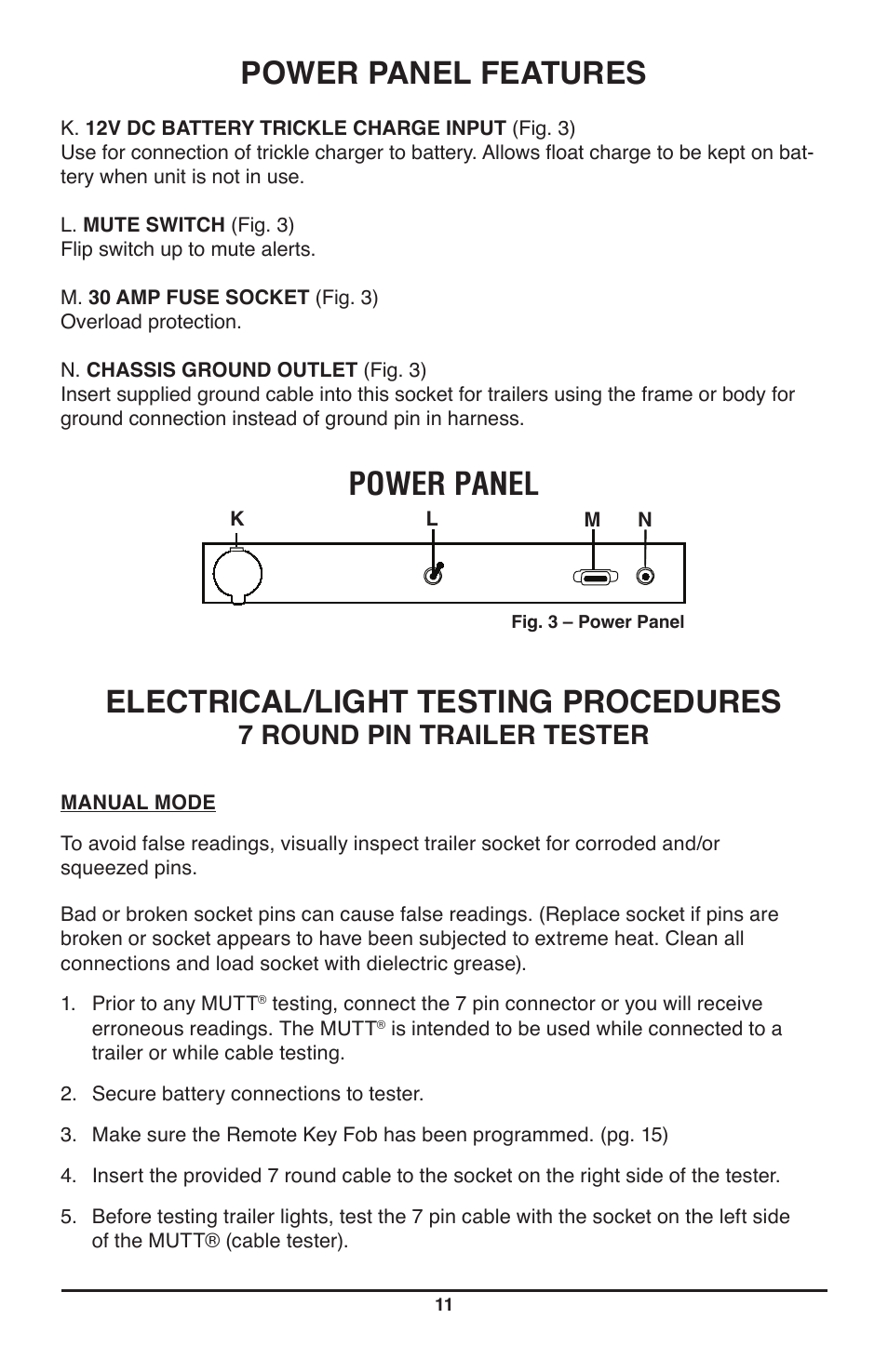 Power panel features, Power panel electrical/light testing procedures, 7 round pin trailer tester | IPA Tools 9007A Smart MUTT Head User Manual | Page 11 / 24