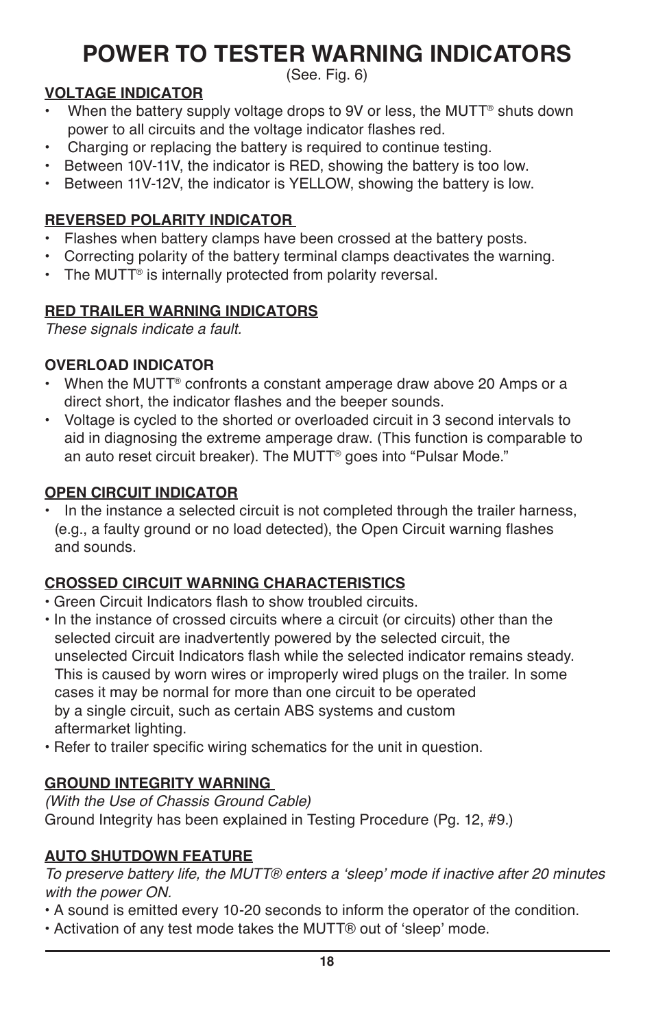Power to tester warning indicators | IPA Tools 9007A Smart MUTT Head User Manual | Page 18 / 24