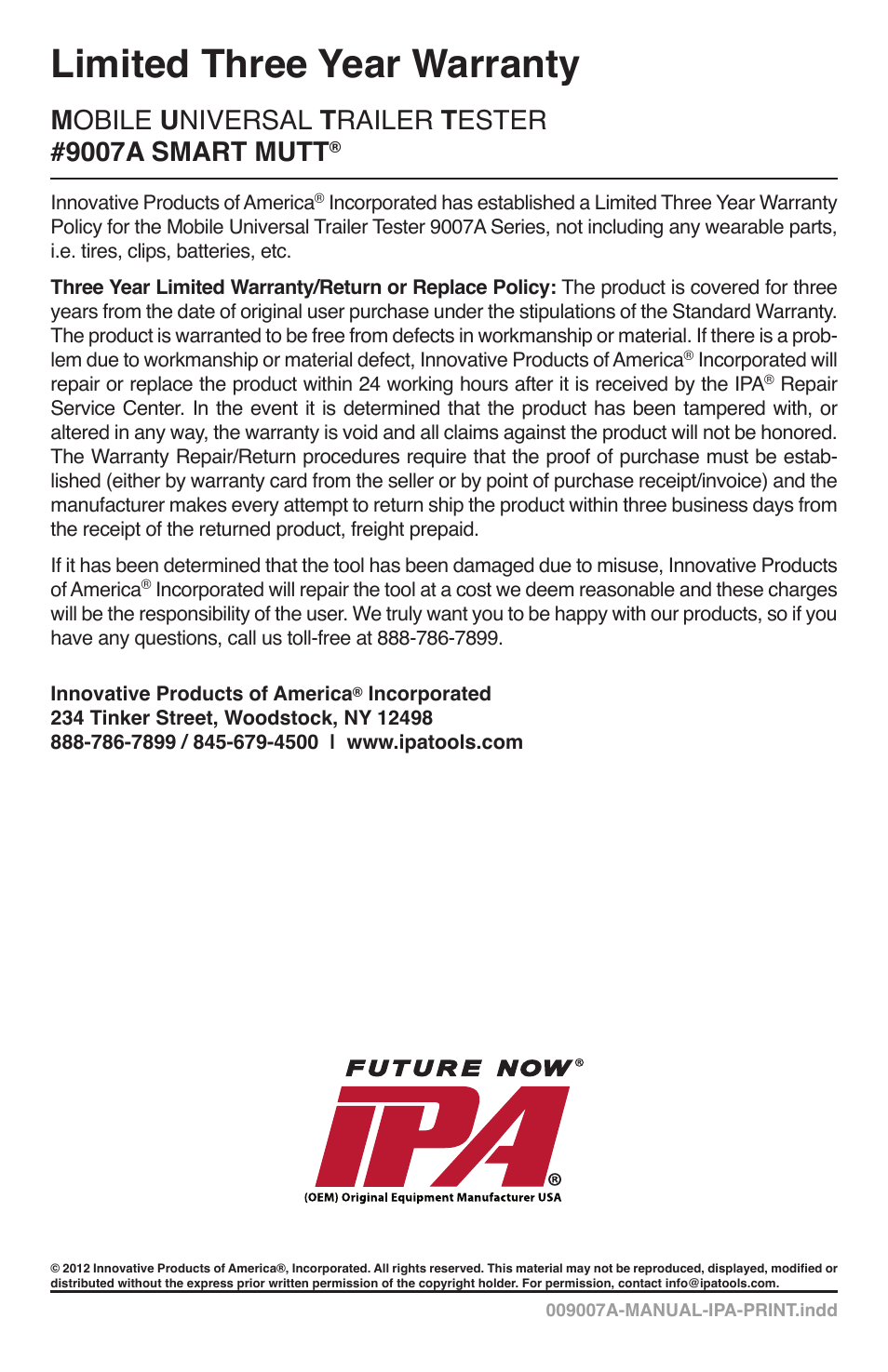 Limited three year warranty | IPA Tools 9007A Smart MUTT Head User Manual | Page 24 / 24