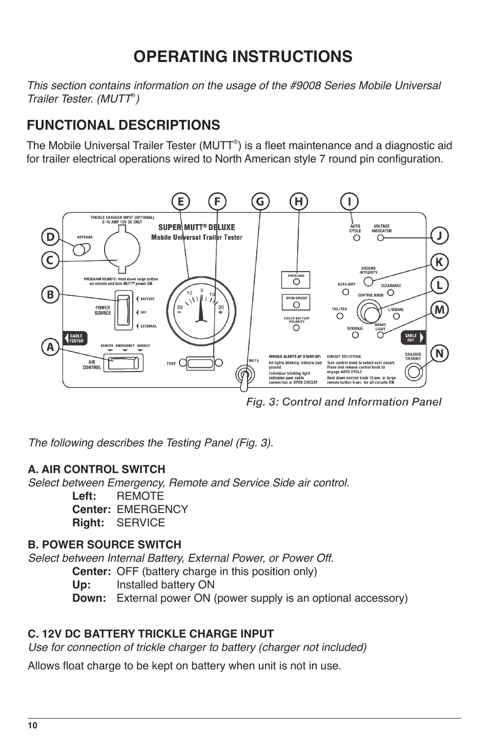 Operating instructions, Functional descriptions | IPA Tools 9008-SE Super MUTT Standard Edition User Manual | Page 10 / 28
