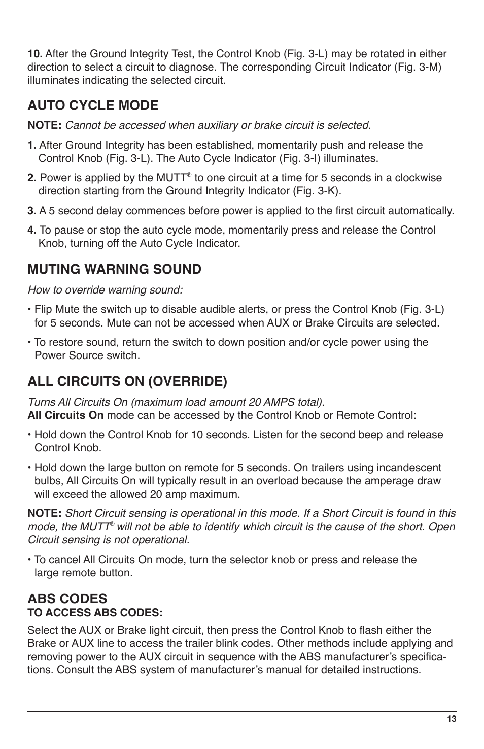 Auto cycle mode, Muting warning sound, All circuits on (override) | Abs codes | IPA Tools 9008-SE Super MUTT Standard Edition User Manual | Page 13 / 28
