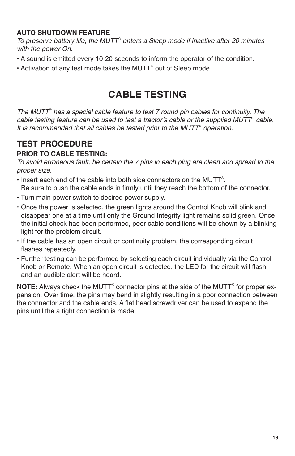 Cable testing, Test procedure | IPA Tools 9008-SE Super MUTT Standard Edition User Manual | Page 19 / 28