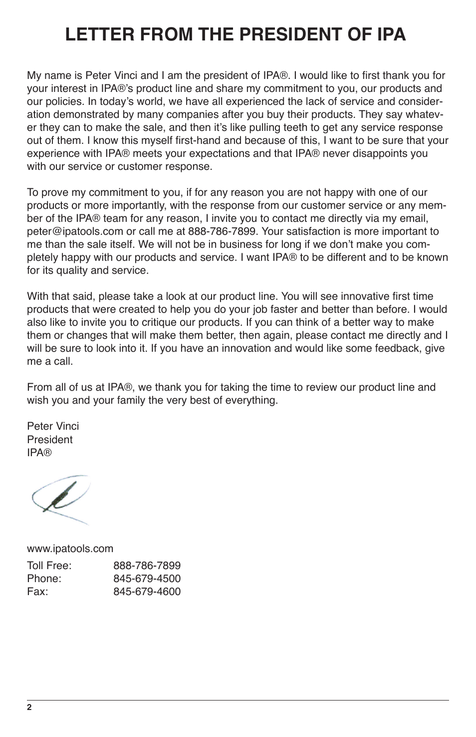 Letter from the president of ipa | IPA Tools 9008-SE Super MUTT Standard Edition User Manual | Page 2 / 28