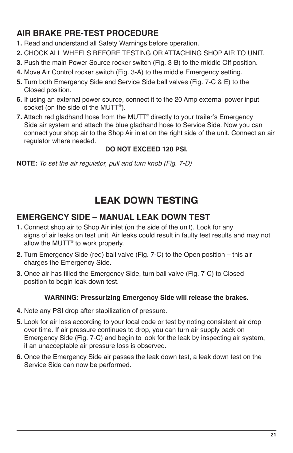 Leak down testing, Air brake pre-test procedure, Emergency side – manual leak down test | IPA Tools 9008-SE Super MUTT Standard Edition User Manual | Page 21 / 28