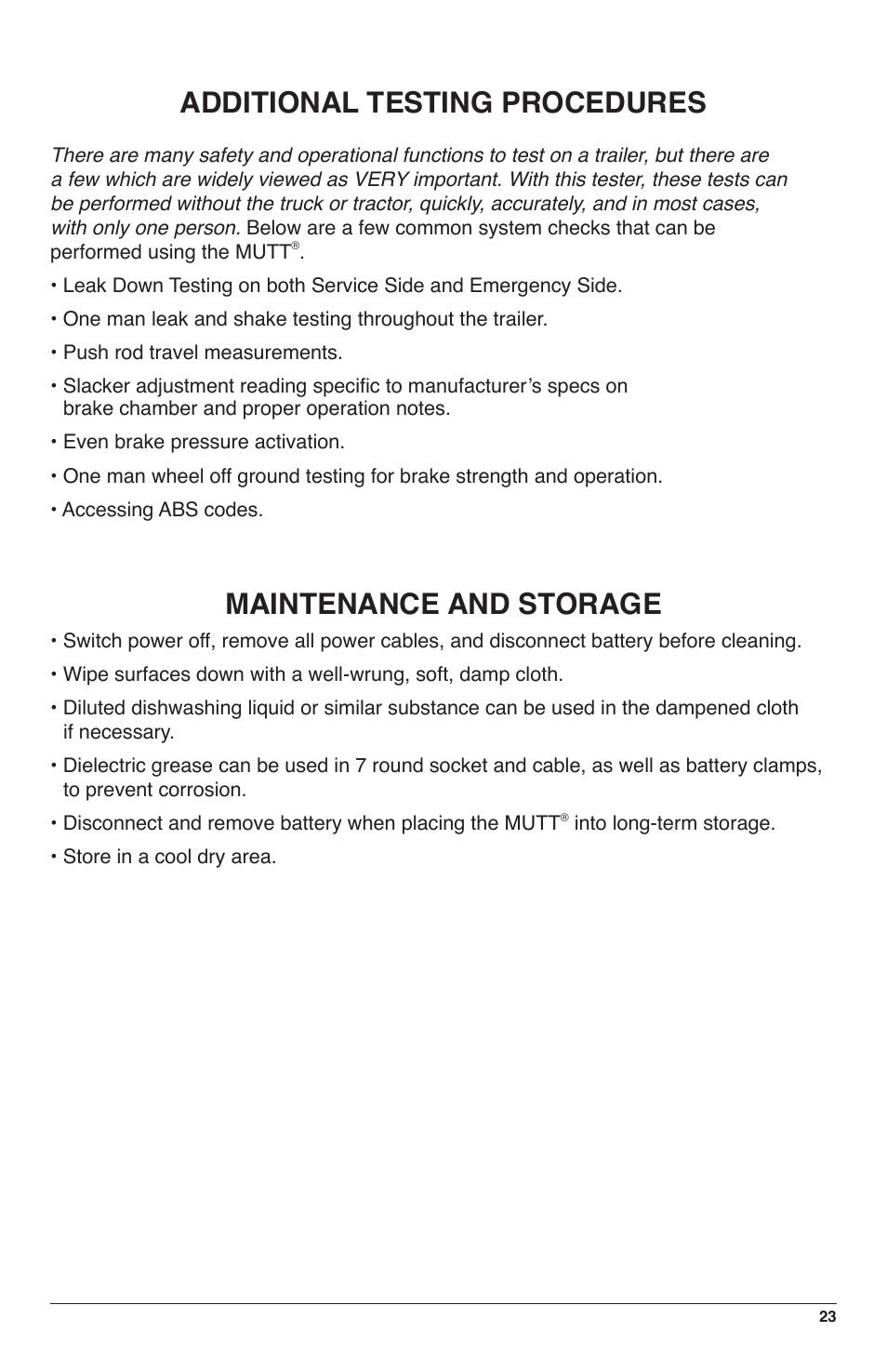 Additional testing procedures, Maintenance and storage | IPA Tools 9008-SE Super MUTT Standard Edition User Manual | Page 23 / 28