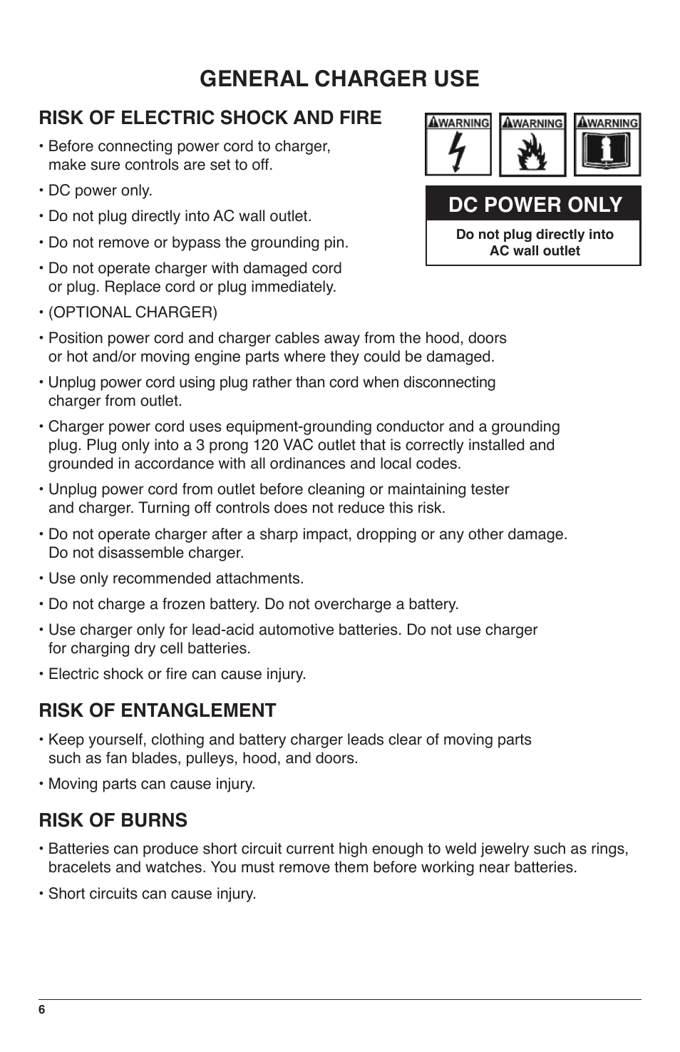 General charger use, Dc power only, Risk of electric shock and fire | Risk of entanglement, Risk of burns | IPA Tools 9008-SE Super MUTT Standard Edition User Manual | Page 6 / 28
