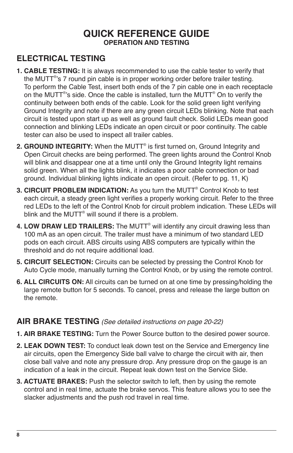 Quick reference guide, Electrical testing, Air brake testing | IPA Tools 9008-SE Super MUTT Standard Edition User Manual | Page 8 / 28