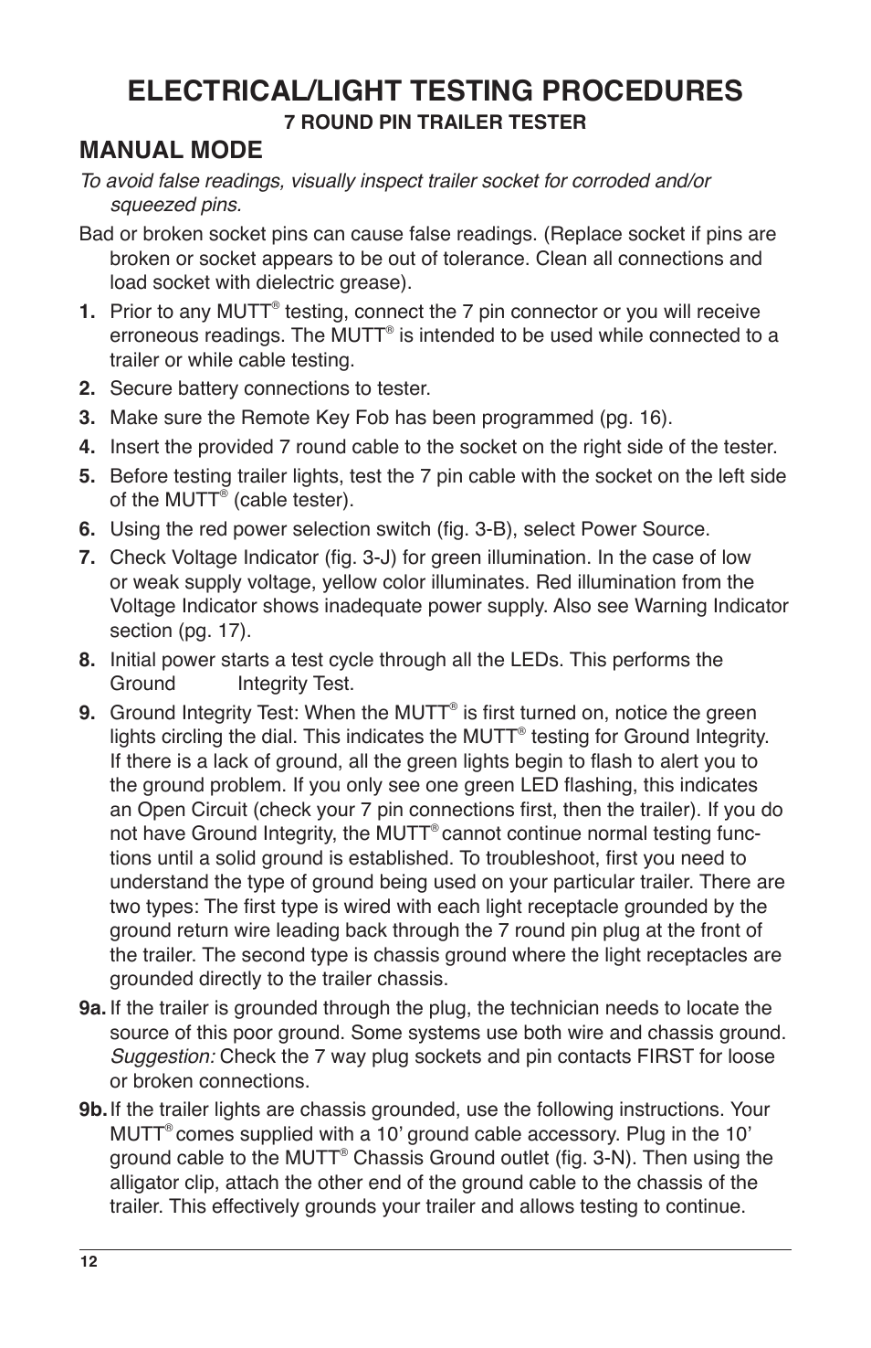 Electrical/light testing procedures, Manual mode | IPA Tools 9008-DL Super MUTT Deluxe Edition User Manual | Page 12 / 28