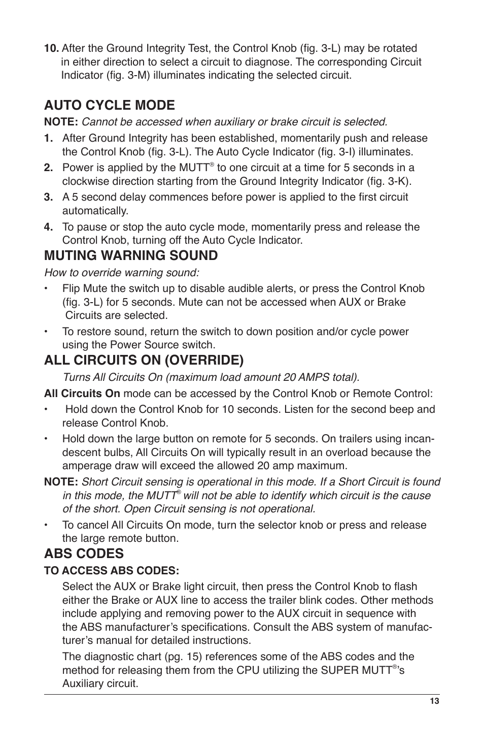 Auto cycle mode, Muting warning sound, All circuits on (override) | Abs codes | IPA Tools 9008-DL Super MUTT Deluxe Edition User Manual | Page 13 / 28
