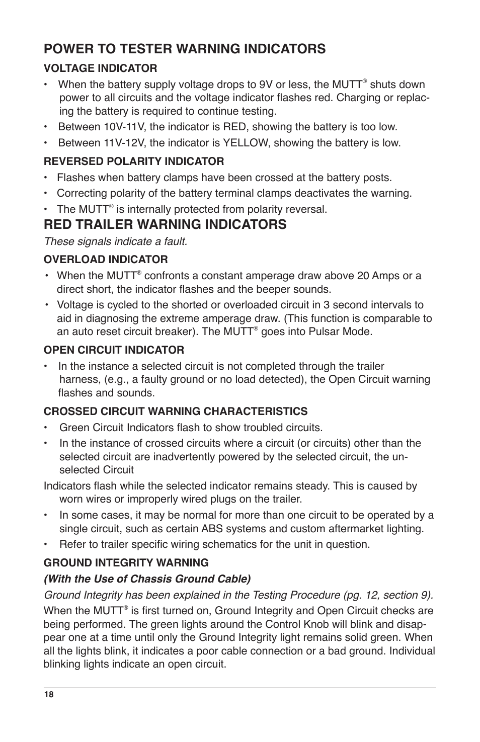 Power to tester warning indicators, Red trailer warning indicators | IPA Tools 9008-DL Super MUTT Deluxe Edition User Manual | Page 18 / 28