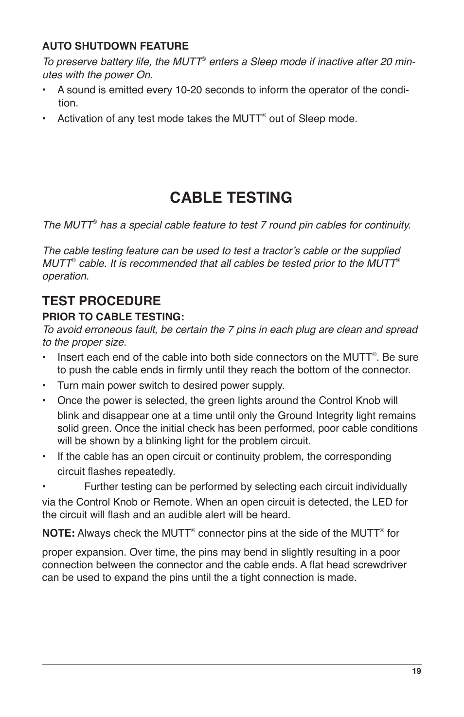 Cable testing, Test procedure | IPA Tools 9008-DL Super MUTT Deluxe Edition User Manual | Page 19 / 28
