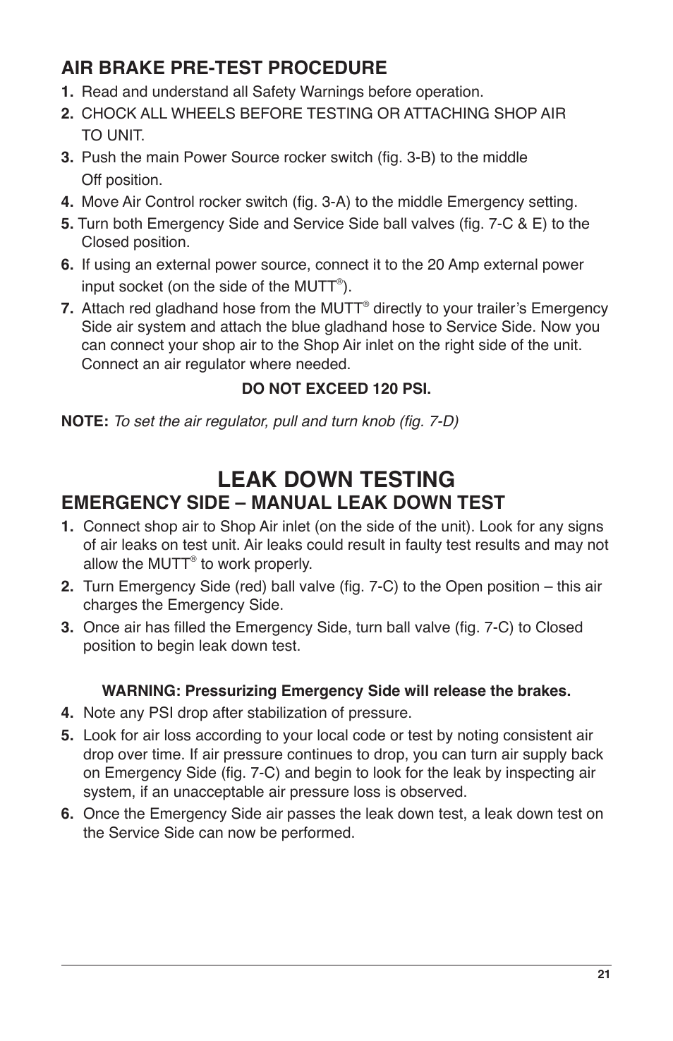 Leak down testing, Air brake pre-test procedure, Emergency side – manual leak down test | IPA Tools 9008-DL Super MUTT Deluxe Edition User Manual | Page 21 / 28