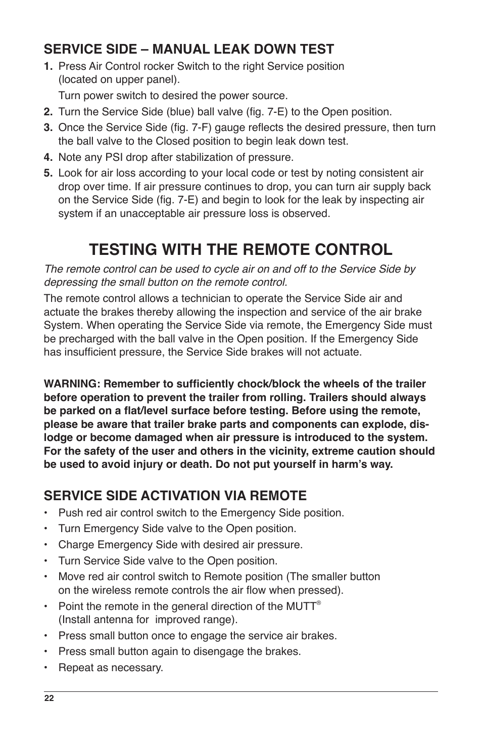 Testing with the remote control, Service side – manual leak down test, Service side activation via remote | IPA Tools 9008-DL Super MUTT Deluxe Edition User Manual | Page 22 / 28