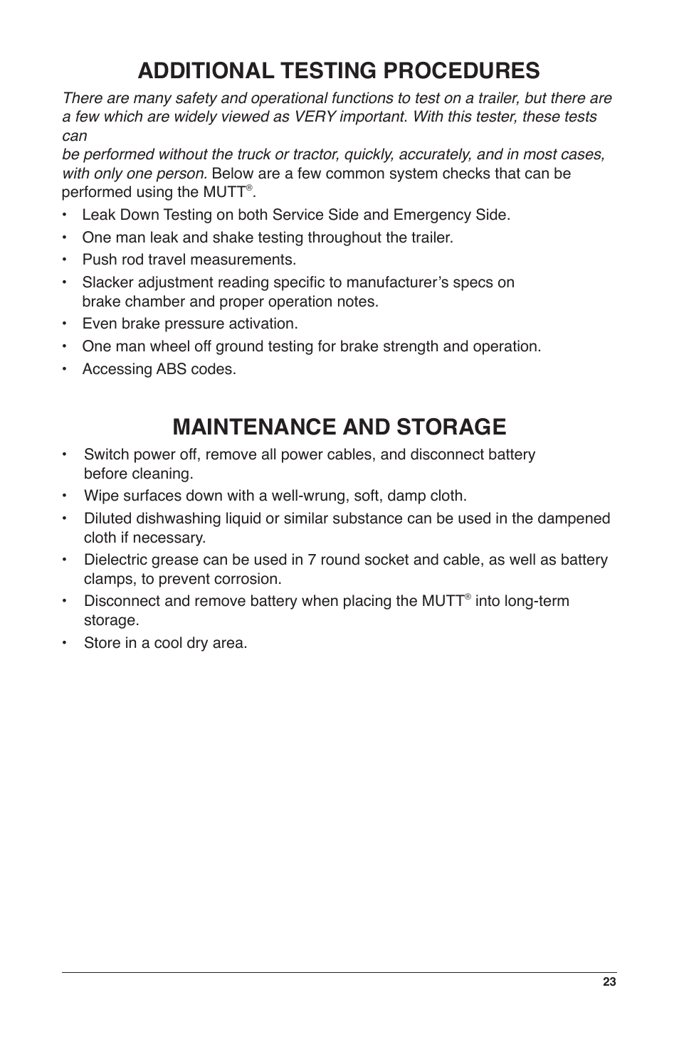 Additional testing procedures, Maintenance and storage | IPA Tools 9008-DL Super MUTT Deluxe Edition User Manual | Page 23 / 28