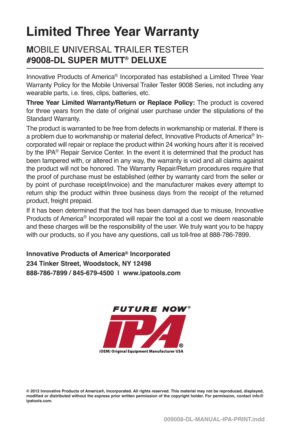 Limited three year warranty, Deluxe | IPA Tools 9008-DL Super MUTT Deluxe Edition User Manual | Page 28 / 28