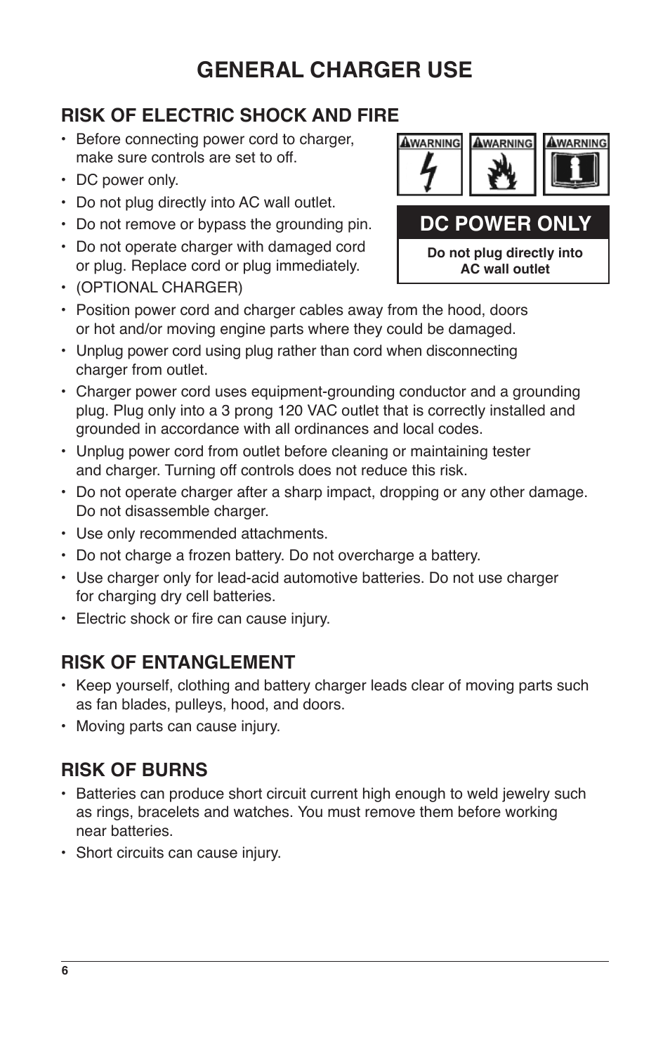 General charger use, Dc power only, Risk of electric shock and fire | Risk of entanglement, Risk of burns | IPA Tools 9008-DL Super MUTT Deluxe Edition User Manual | Page 6 / 28