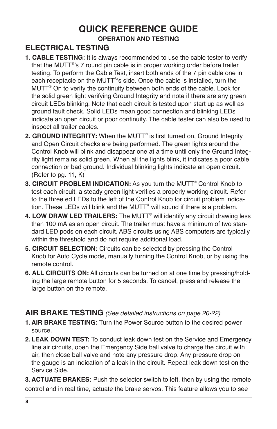 Quick reference guide, Electrical testing, Air brake testing | IPA Tools 9008-DL Super MUTT Deluxe Edition User Manual | Page 8 / 28