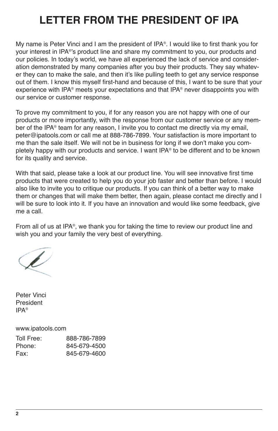 Letter from the president of ipa | IPA Tools 9040 Fuel Tank Sweeper User Manual | Page 2 / 8