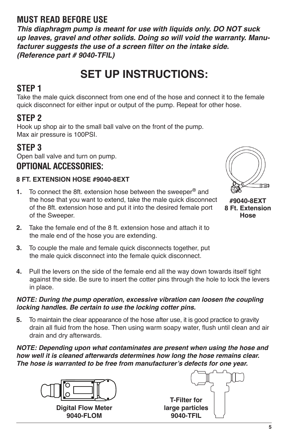 Set up instructions, Must read before use, Step 1 | Step 2, Step 3, Optional accessories | IPA Tools 9040 Fuel Tank Sweeper User Manual | Page 5 / 8