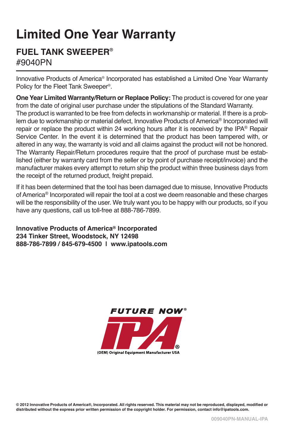 Limited one year warranty, Fuel tank sweeper, 9040pn | IPA Tools 9040PN Fuel Tank Sweeper with Pneumatic Pump User Manual | Page 12 / 12