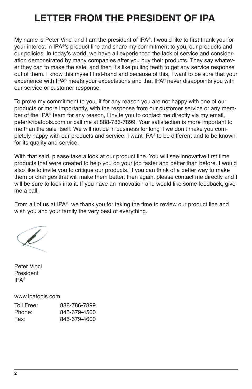 Letter from the president of ipa | IPA Tools 9040PN Fuel Tank Sweeper with Pneumatic Pump User Manual | Page 2 / 12